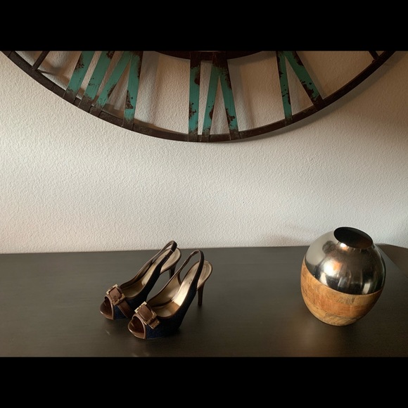 Sling Back Denim Open Toed Heels - Picture 2 of 6